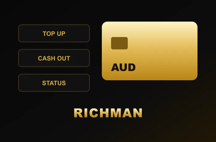 AUD card beside top-up, cash-out and status buttons for Richman Casino banking
