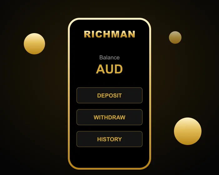 Phone showing the Richman Casino balance in AUD with deposit and withdraw buttons